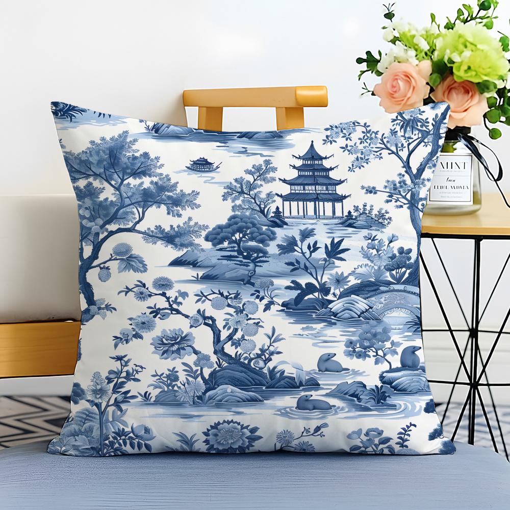 Blue and White Porcelain Cushion Cover Washable Linen Pillowcase Soft for Sofa Bed Cozy Home Room Decor