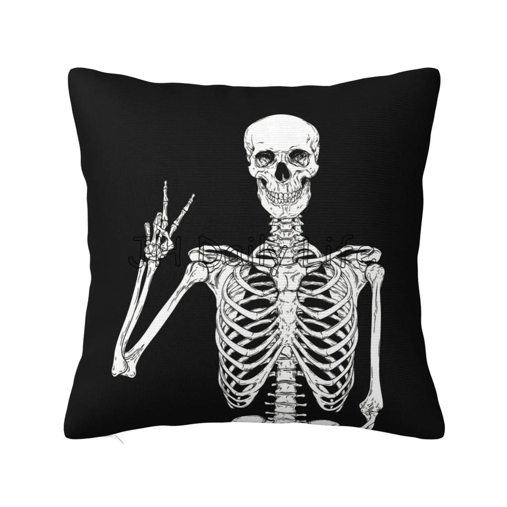 Skull Human Skeleton Throw Pillow Cover Human Skeleton Posing Decorative Pillow Case Cushion Cover Home Sofa Decor 18x18 Inch