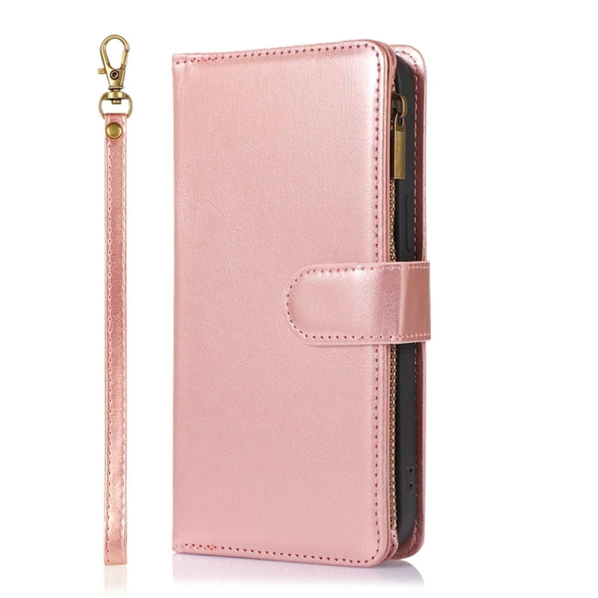 

Многофункциональный двухслойный чехол-кошелек на молнии для iPhone 15 14 13 12 Pro Max Samsung S24 S23 S22 Ultra A54 A15 A35, слоты для карт, ремешок на запястье, откидная крышка Huawei P40 Lite розового золота