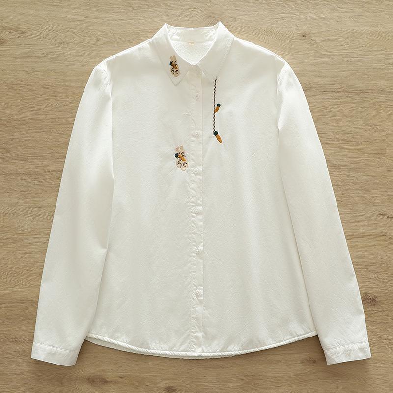 Women's Pure Cotton Flannel Long-Sleeve Shirt with Rabbit Embroidery - Warm, Thickened, Autumn/Winter Design