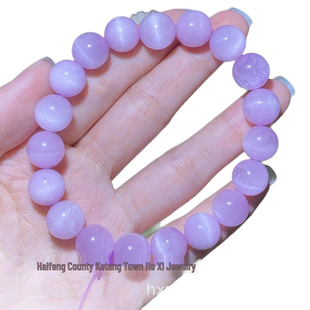 Women's Natural Kunzite Bracelet: Rich Purple Round Cat's Eye Beads for DIY Jewelry.