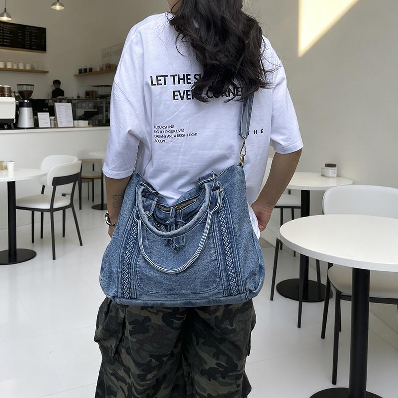 Vintage Denim Handbag with Braided Details Large Capacity Shoulder Crossbody Bag for Women