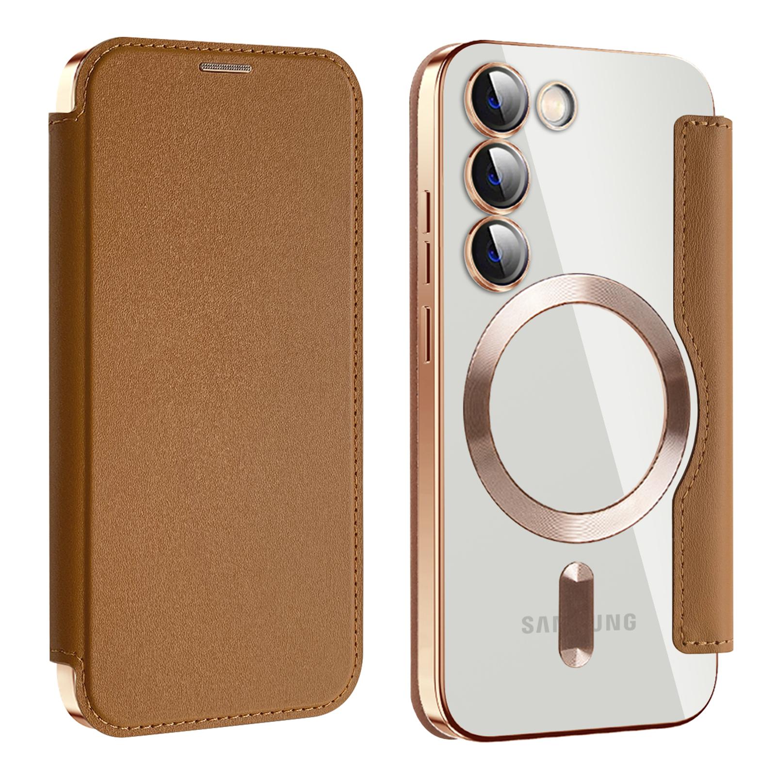 

Magnetic Phone Case for Samsung Galaxy S23,PU Leather+TPU Clear RFID Blocking Flip Cover with Lens Film Brown