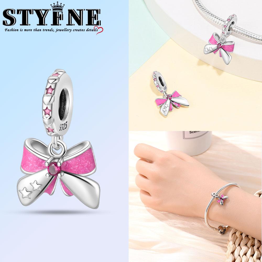 Copper Bow Charms Copper Pink Heart-Shaped Bow Pendants Charms Beads Fit Original Bangle Bracelets Diy Jewelry