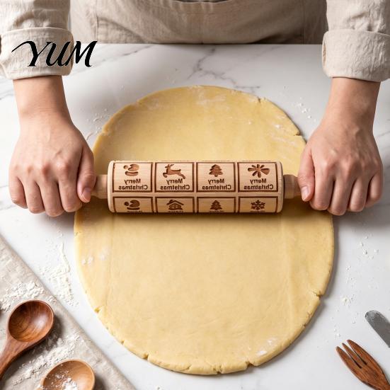 Wooden Dough Roller for Cookies Christmas Pattern Engraved Rolling Pin, Non-slip Handle Party Baking Supplies Roller, Decorative Kitchen Tool Embossed