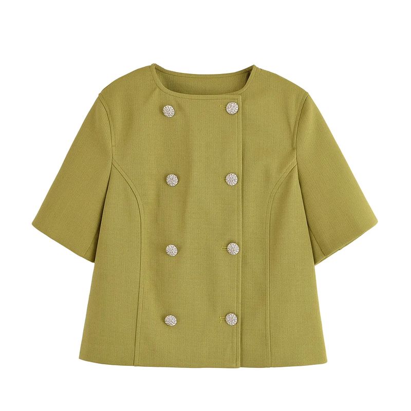 Short Sleeve round Neck Double Breasted Decorated Row Button Tops 2902835 High Waist Straight-leg Minimalist Casual Pants 2899835