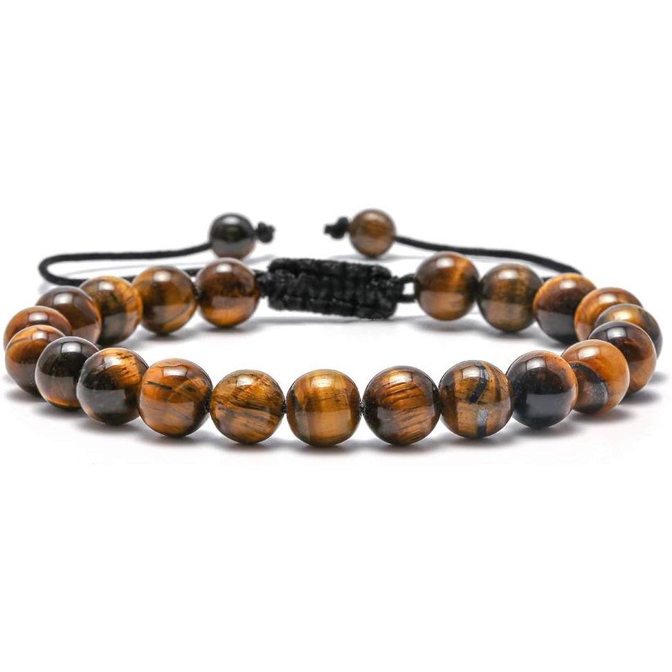 Pulseira Tecida Masculina Olho de Tigre e Pedra Vulcânica - Presente de Joia Feito à Mão, Contas de Ágata Negra de 8mm