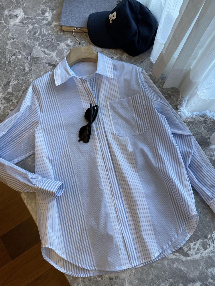 High-End Minimalist Striped Long-Sleeve Turn-Down Collar Shirt for Women