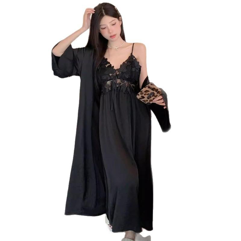 French sexy pajamas women's spring and autumn ice silk long suspender pajamas, two summer pure desire long skirts and robes with chest pads