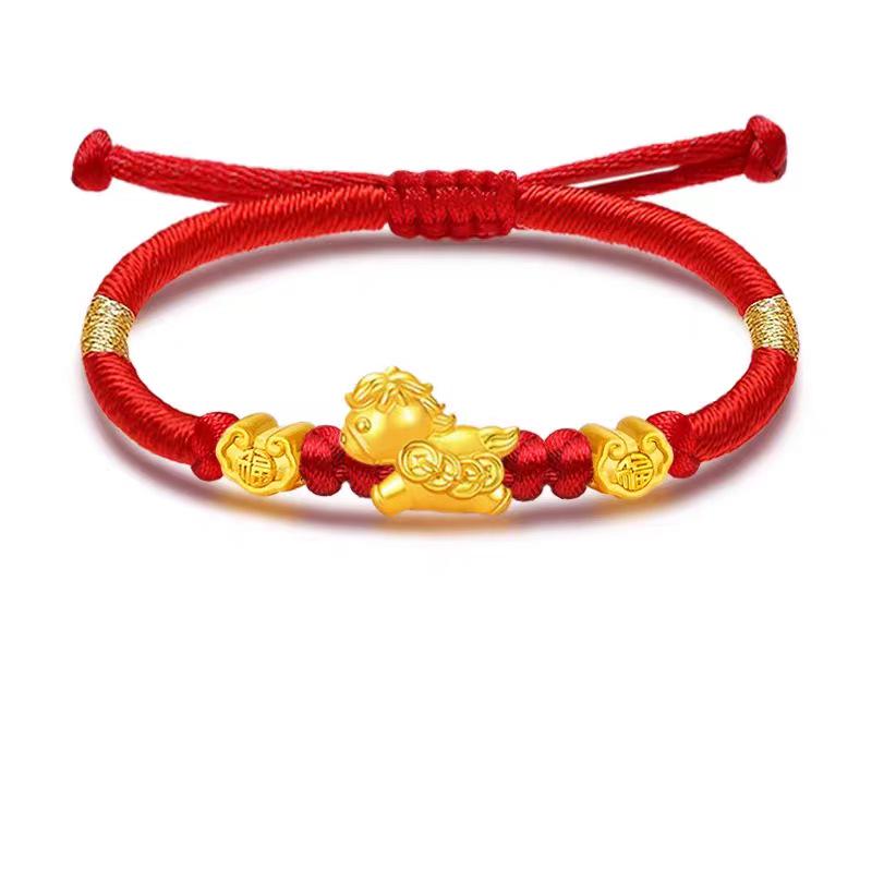 Handmade Red String Bracelet with Gold Ingot and Beads for Zodiac Year of the Horse - Immediate Wealth Lucky Charm