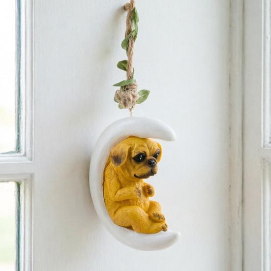 Resin Moon Dog Ornament Cute Dog on Crescent Hanging Decoration with Hemp Rope for Indoor Outdoor Backyard Patio Home Decor