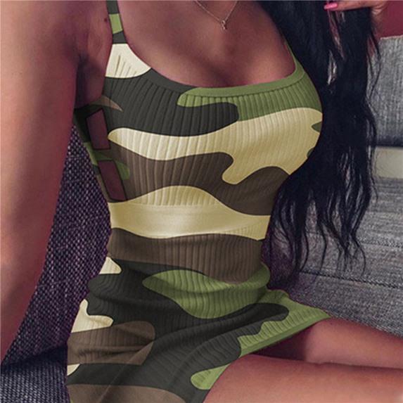 Womens Fashion Sleeveless Camouflage Print Bandage Package Hip Mini Dress Slim Fit Skinny Casual Pencil Dress