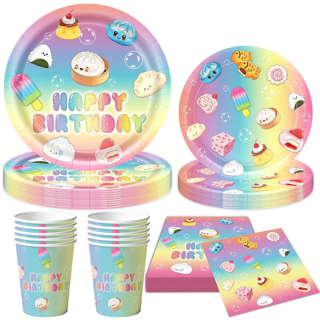 Cartoon Birthday Party Set: Squeeze Toy Decorations, Plates, Cups, Napkins, Tablecloth, Flags
