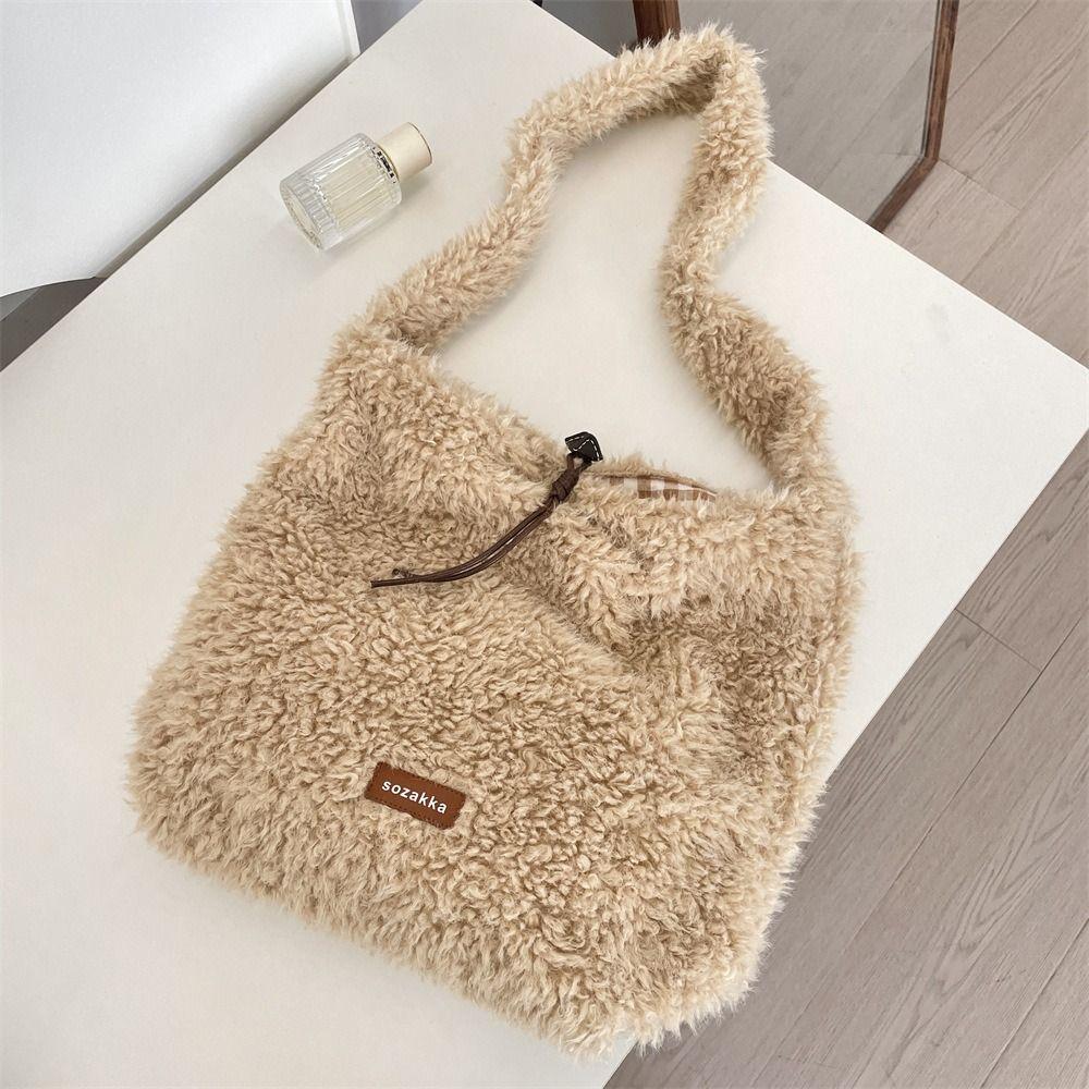 Vintage Lamb Wool Shoulder Bag Harajuku Plush Underarm Bag Vintage Fluffy Tote Bag  Women
