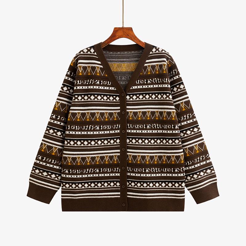 Women's Plus Size Retro Jacquard Knit Cardigan Coat – Loose Casual Winter 2025 Style