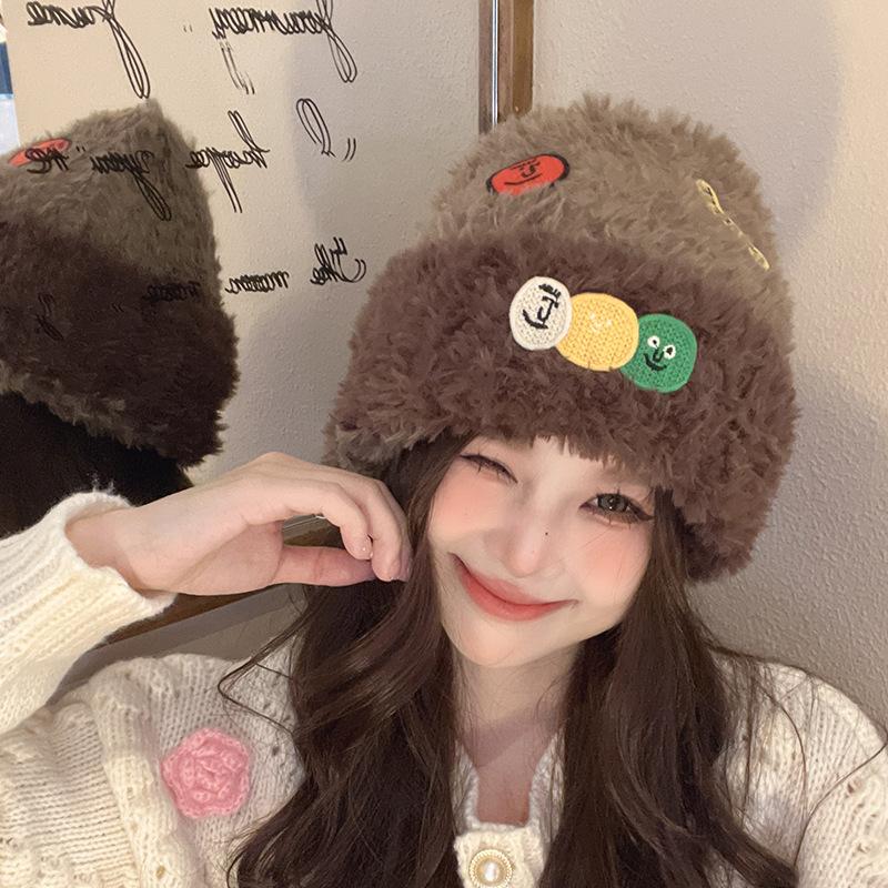 Dopamine Plush Hat Winter Warm Wool Hat Korean Style Versatile Face Showing Small Knit Hat Big Head Hat Women