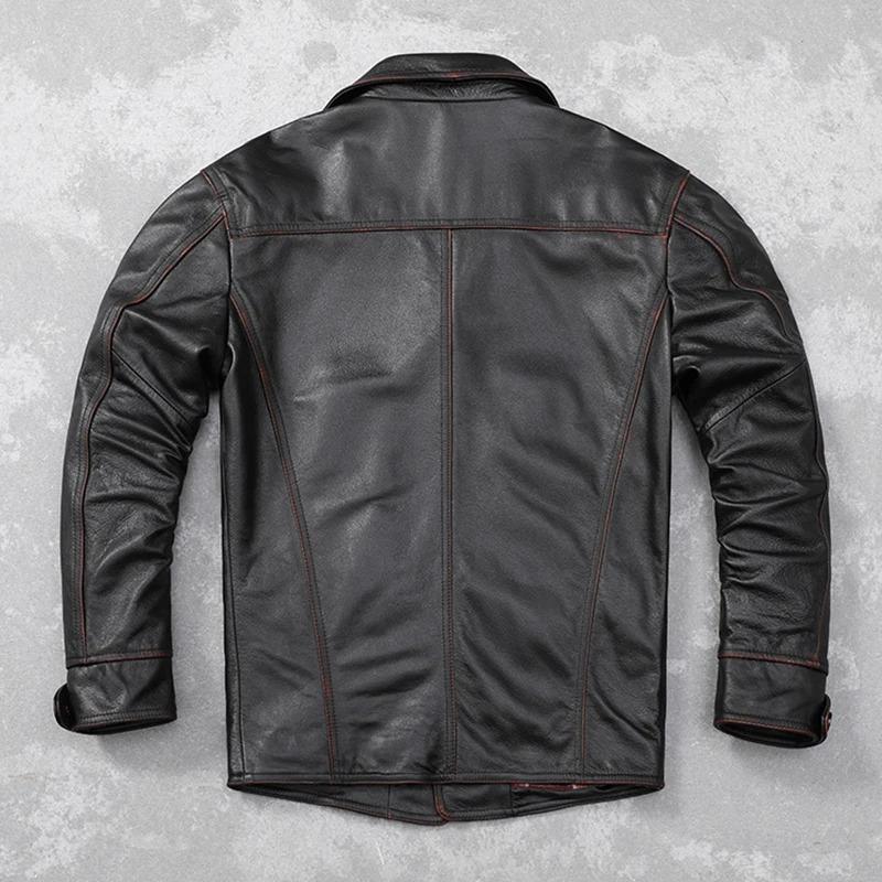 Jachetă de piele ocazională pentru bărbați, dimensiune chinezească, haină moale din piele de vacă naturală.