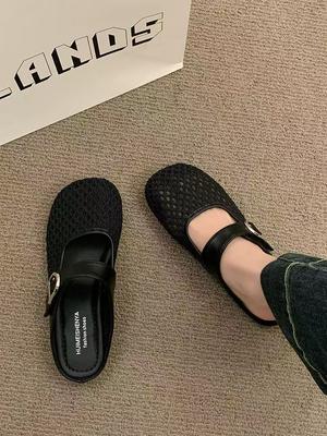French Hollow Woven One-word Buckle Roman Sandals 2025 New Round Head Flat Mary Jane Hole Shoes