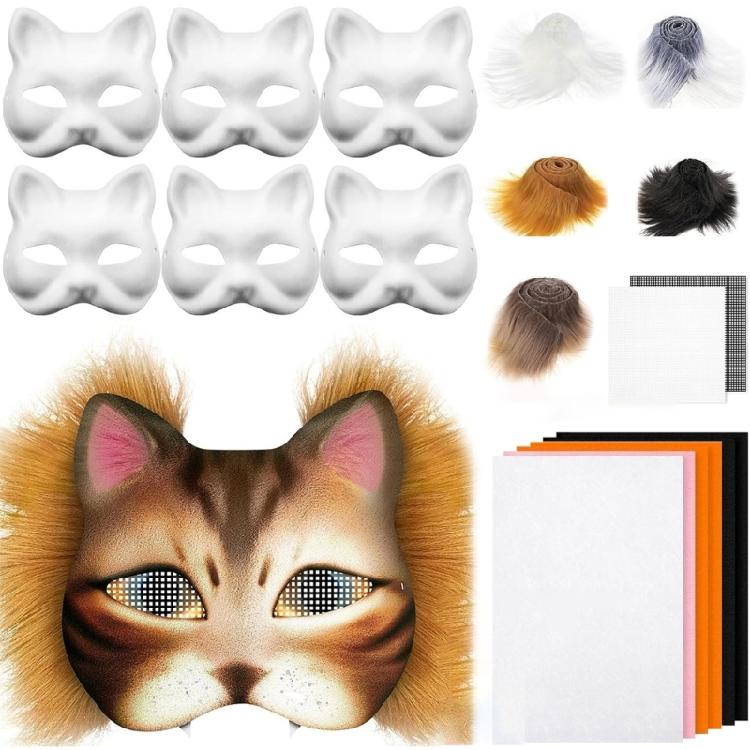29/42Pieces Animal Cats Face Mask with Furry Trim Eye Mesh for Painting White Paper Mask Unpainted Masquerades Mask