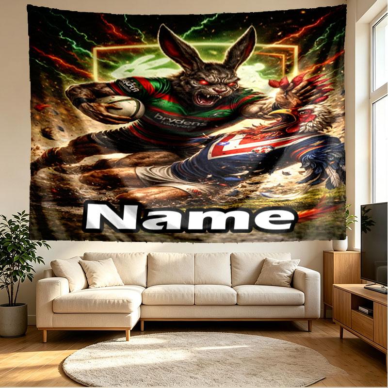 Custom Name Personalized South Sydney Rabbitohs Print Tapestry, Wall Art Decor, Bedroom, Dorm, Apartment, LivingRoom, Party Backdrop, Gift for Birthda