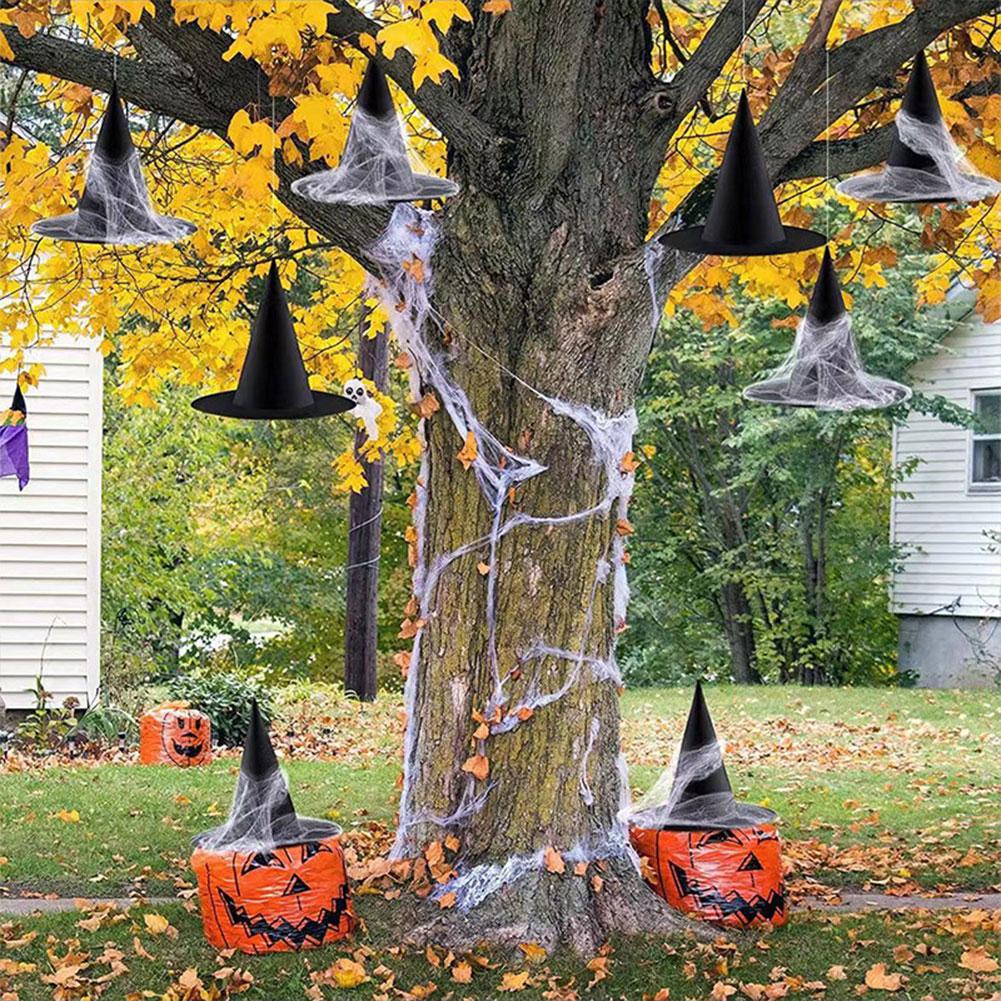Halloween Black Witch Hat with Hanging Rope Wizard Cap Cosplay Costume Props Hanging Witch Hats Decor for Outdoor Garden Decor