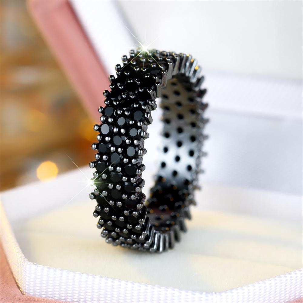 Dreireihige Ringe mit kleinen schwarzen Zirkonia-Steinen für Damen, Vintage schwarzes Metall, Verlobungsring, Hochzeits Schmuck, Braut, Geburtstagsgeschenk 6 black