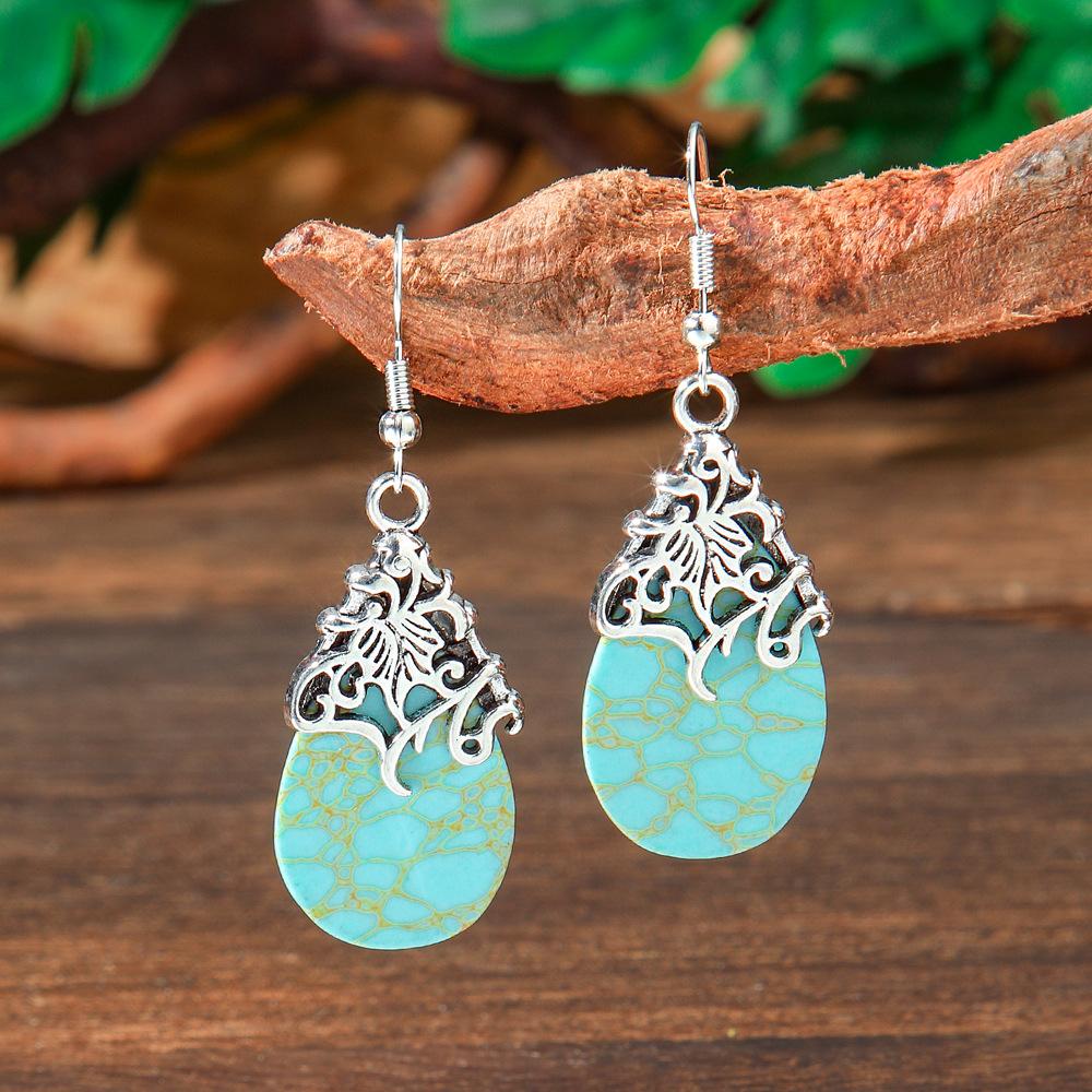 Vintage Earrings Silver Geometric Turquoise Drop Earrings Bohemian Dangle Jewelry for Women