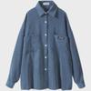 Women's Blue Corduroy Shirt Jacket - Korean Style, Loose Fit, Long Sleeve for Spring & Autumn 2025
