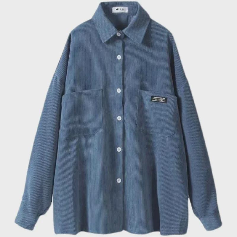 Women's Blue Corduroy Shirt Jacket - Korean Style, Loose Fit, Long Sleeve for Spring & Autumn 2025