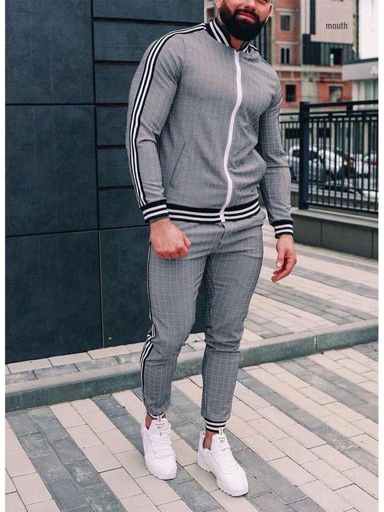 Autumn Men's Casual Plaid Sport Suit: Zip-Up Jacket & Long Pants Two-Piece Set