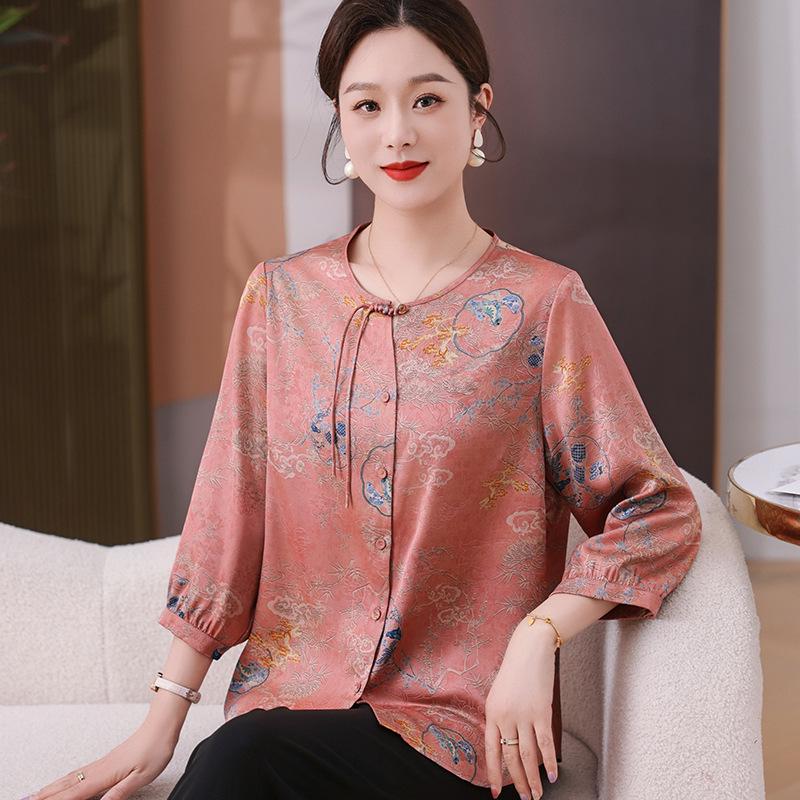 

Mom s Plus Size Mulberry Silk Tang Suit: New Chinese Style Summer Shirt for Middle-Aged and Elderly Women 5XL (150-165 lbs) розовый