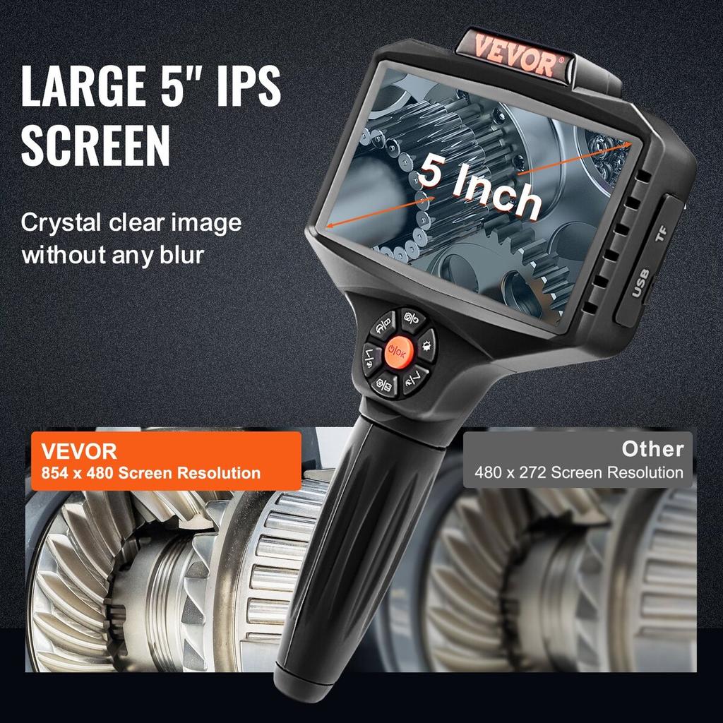 Triple Lens Inspection Camera with Light, 5" IPS Screen Industrial Borescope, 8X Zoom 1080P HD Split Screen, 10 LED Lights Scope Camera for