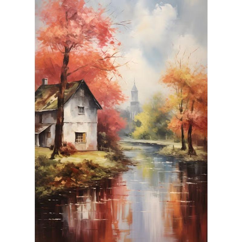 Abstract Oil Painting on Canvas Print Landscape Autumn Forest The River Canvas Posters Wall Art Picture Living Room Decoration