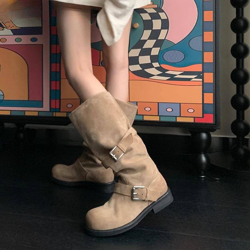 Autumn Winter Thick Heels Women Western Cowboy Boots Fashion Belt Buckle Shoes Female Pleated Long Booties Zapatos De Mujer