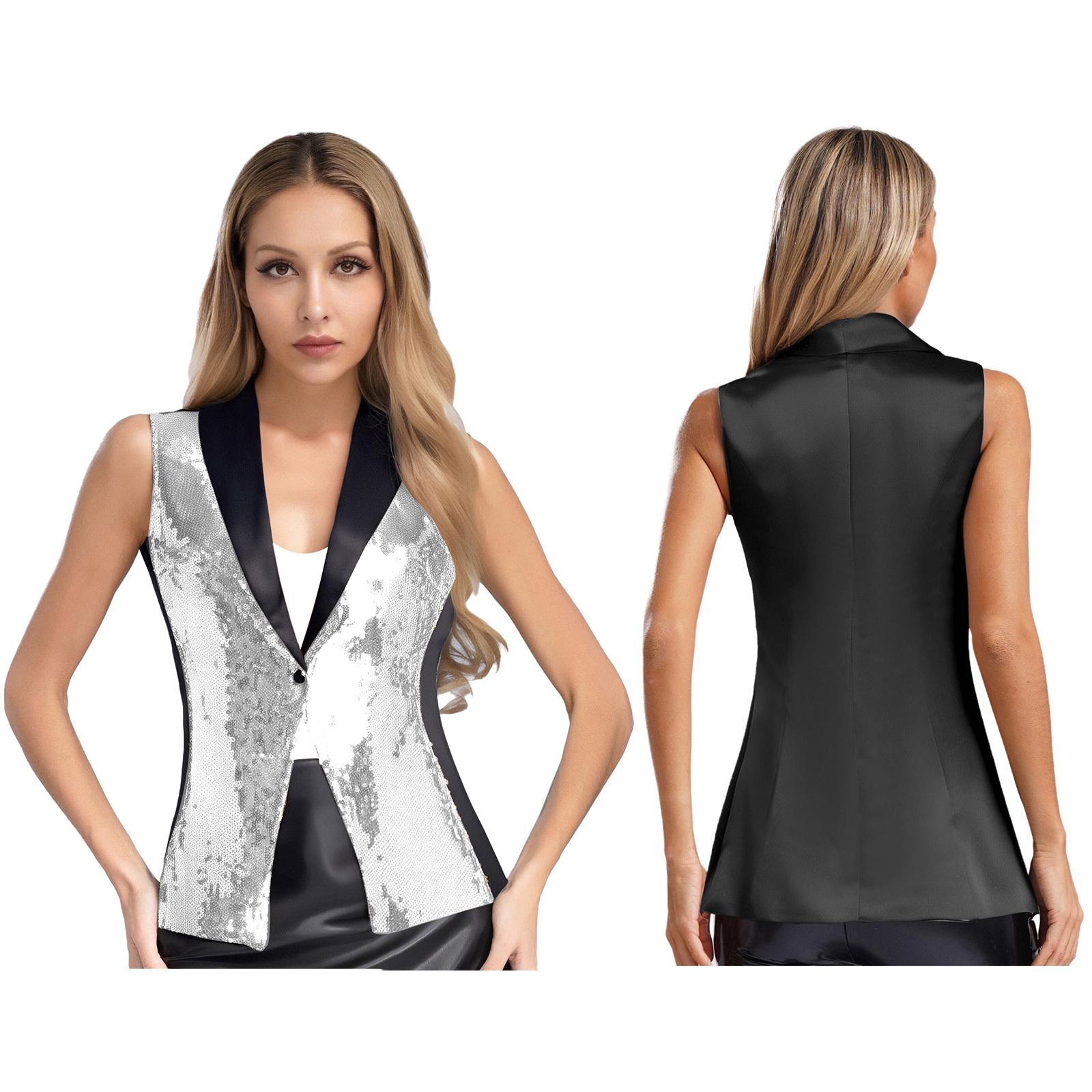 

Жіночий блискучий жилет з паєтками S-XXL V-подібний виріз Без рукавів Жилет для банкету Весільної вечірки Конкурсу Святкування Все поєднується XL срібний