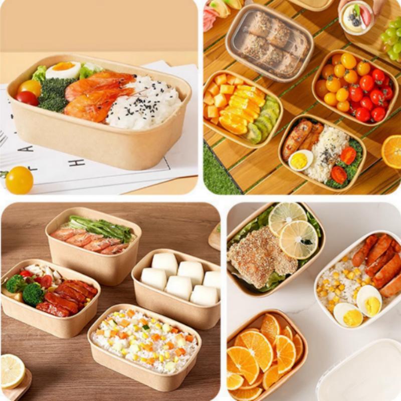 10Pcs/Set Disposable Lunch Box Kraft Paper Square Lunch Box Fast Food Packing Boxes Paper Bowls With Lid Household Bento Boxes