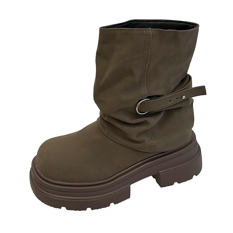 Brown Platform Martin Boots Women's New Spring and Autumn Single Boots Heightened Trousers British Style Maillard Short Boots