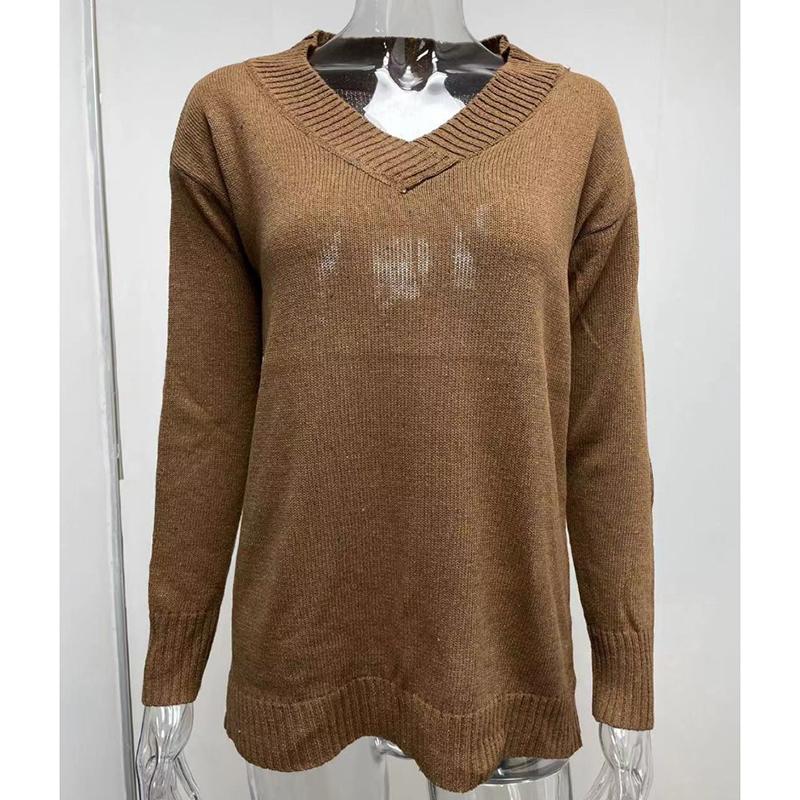 Suéter de Punto de Manga Larga Suelto de Otoño e Invierno con Cuello en V Fino Talla Grande para Mujer Color Sólido Suéteres Tops Casual Cálido Ropa de Punto para Mujer 24773