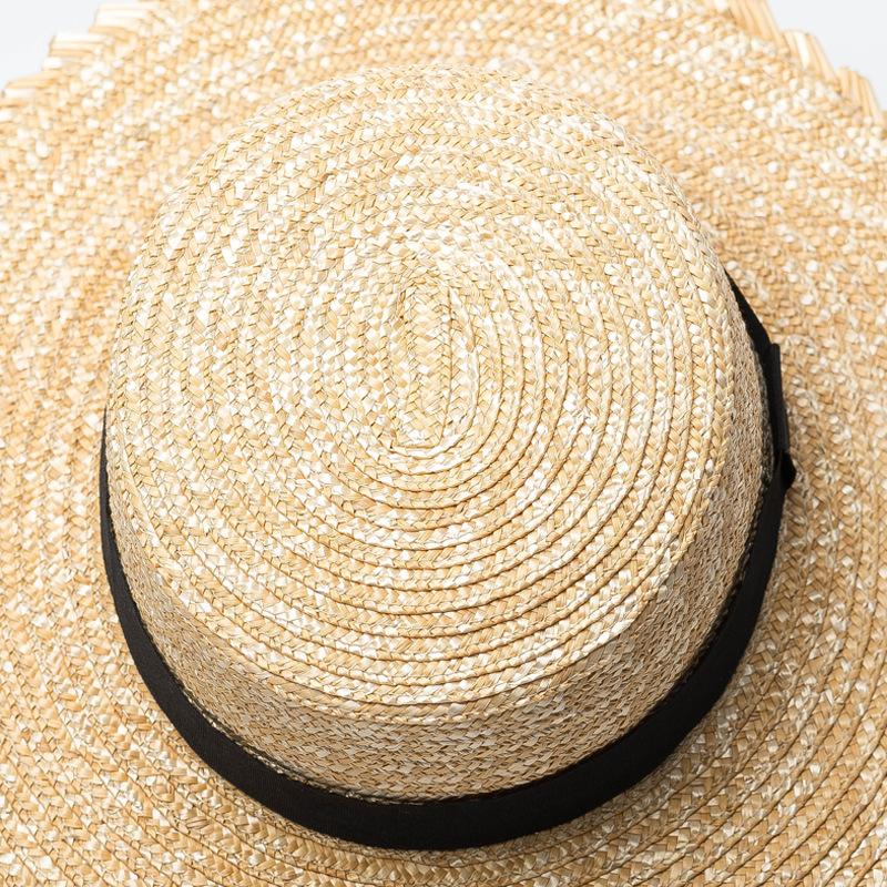 Spring and summer new fashion pattern wavy edge straw straw flat top top hat, webbing decorative sunshade beach flat top straw hat