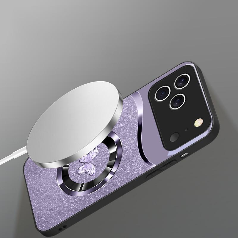 Circular metal butterfly For iPhone 16E 15 Pro 14 13 Plus 12 mini 11 15Pro 14Max XR Xs 8 P lus 16 For Magsafe Glass Phone Case