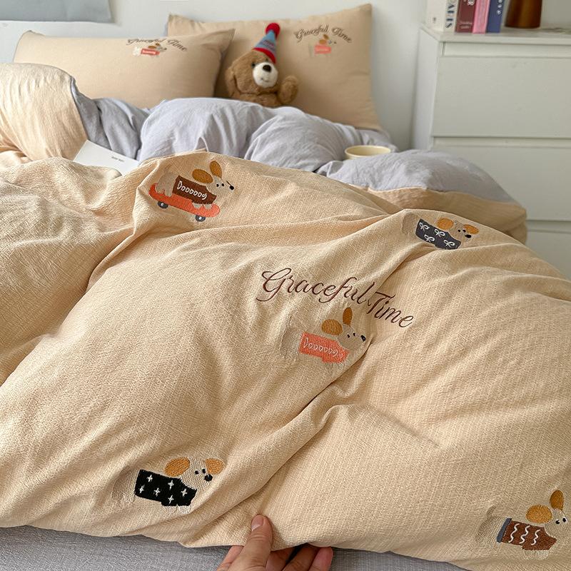 New bed four-piece set cartoon embroidery design student dormitory bed sheet quilt cover three-piece set machine washable