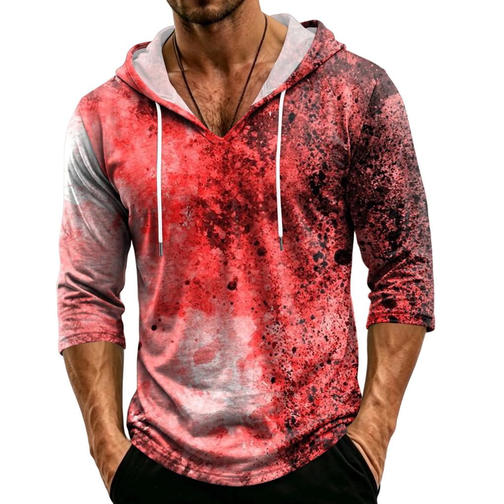 Men's Loose Fit Casual Hoodie 3/4 Sleeve Pullover Halloween Graphic Print Lightweight Hooded Shirt for Everyday Wear