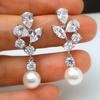 Silver Tone Multi-cut Zircon Cluster Dangle Earrings Round White Imitation Pearl Drop Earrings Luxury Wedding Banquet Jewelry for Women