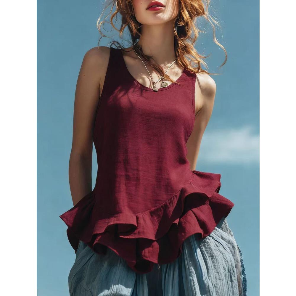 Spring and Summer New Style Casual Fashion Sleeveless Bottom Hem Lotus-Edged Top