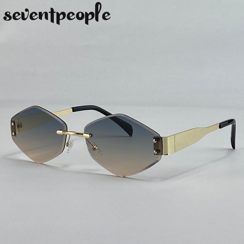 Rimless Small Polygon Sunglasses Women  Luxury Brand Trendy Frameless Hexagon Sunglass For Ladies Fashion Metal Frame Shades