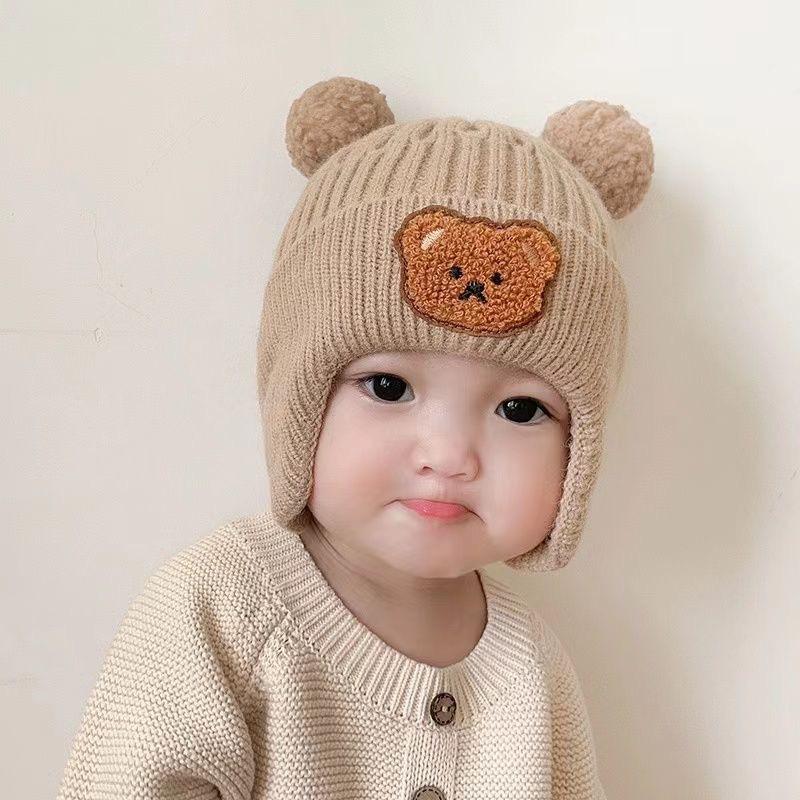 Baby Hat Cute Bear Knitted Ear Hat Children's Winter Thickened Warm Wool Hat Korean Version of Infant Hat