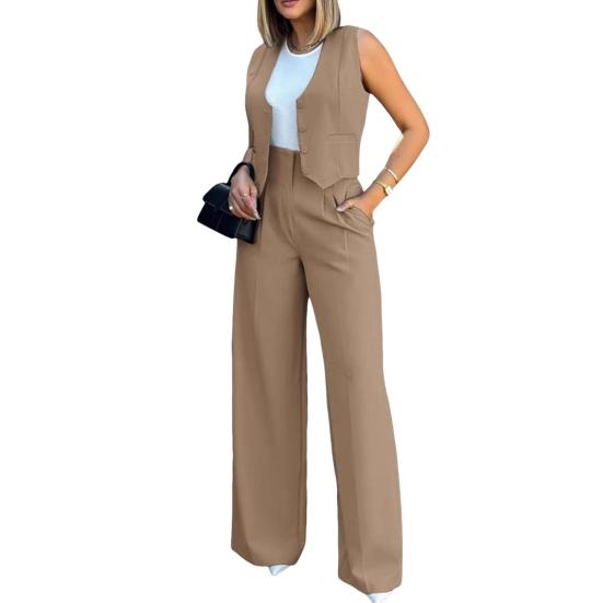 Damen 2-teilige Business-Outfits V-Ausschnitt Knopfleiste Crop Westen-Tops und High-Waist Hosen Set Sommer Büro Arbeitsanzug