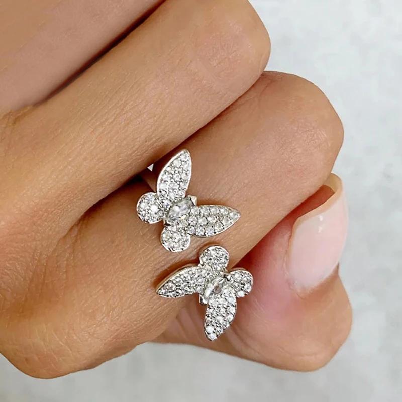 Huitan Sweet Double Butterfly Opening Rings Female Brilliant Delicate Cubic Zircon Accessories Delicate Elegant Wedding