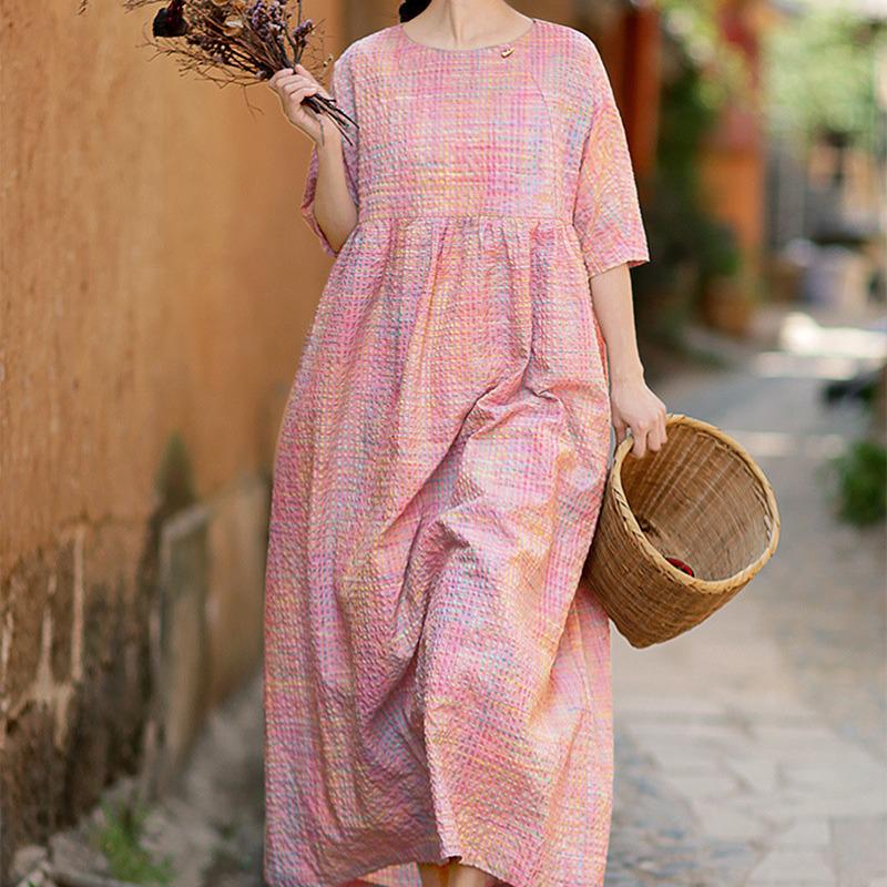 Women s Retro Pink Plaid High Waist Loose Long Dress Medium