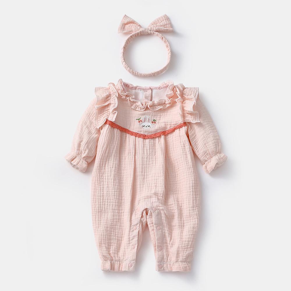 

Хлопковый осенний комплект ромпера для девочек 2025 года: Двухслойный костюм гарема для ползания с повязкой на голову - Наряд на сто дней и полнолуние Tag 73 розовый